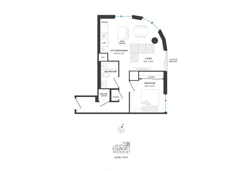 Floor plan for 1 bed, 1 bath, 573 sqft